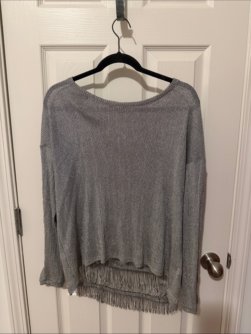 Generation Love Silver Metallic Off-Shoulder Fringe Hem Sweater